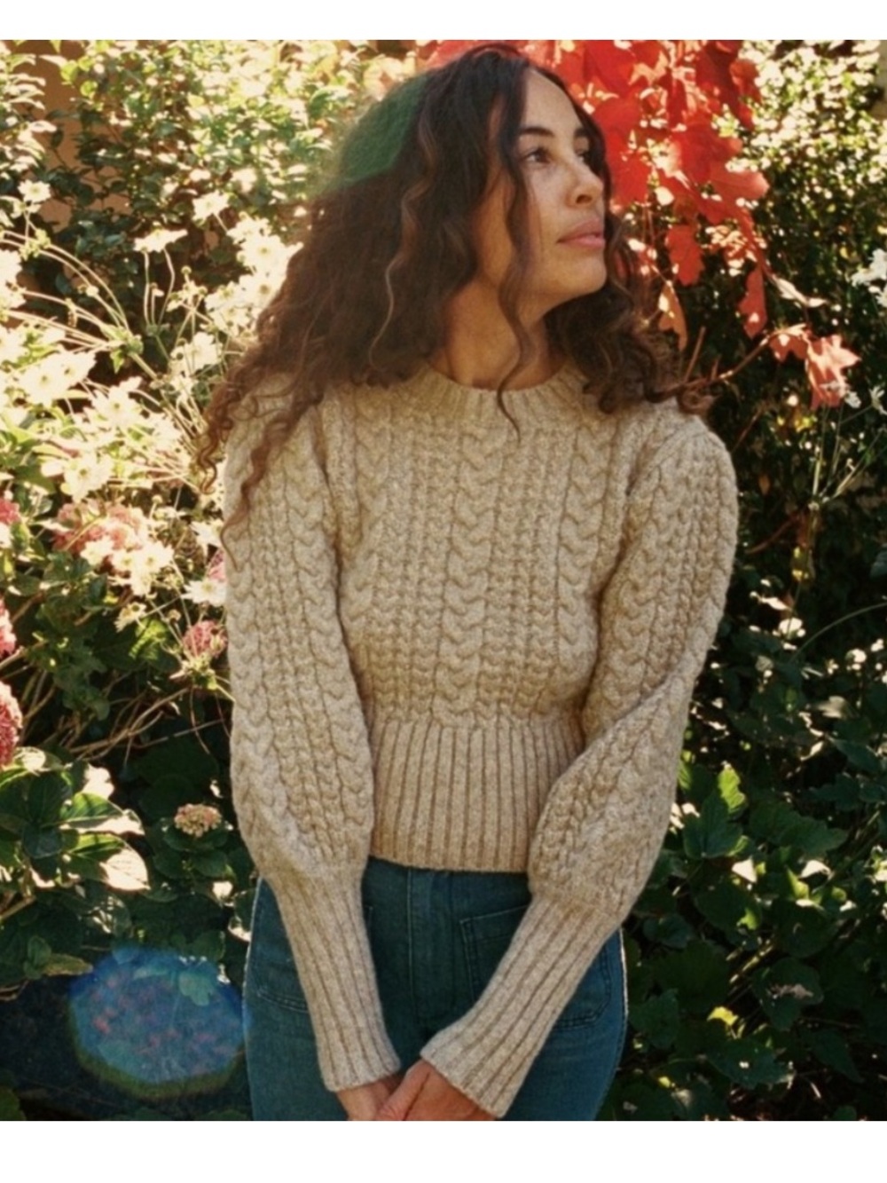 DOEN Oatmeal Beige Alpaca Wool Chunky Cableknit Puff Sleeve Mulberry Sweater